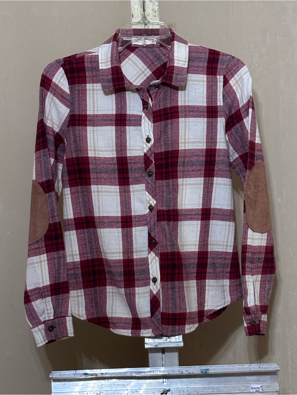 Preppy Burgundy & White Plaid Cotton Flannel Top with Suede Elbow Patches Sz S